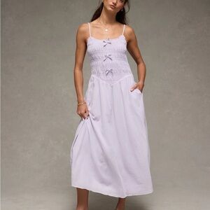 American Eagle Purple Smocked Bow Tie Sundress Midi Zip Back XS